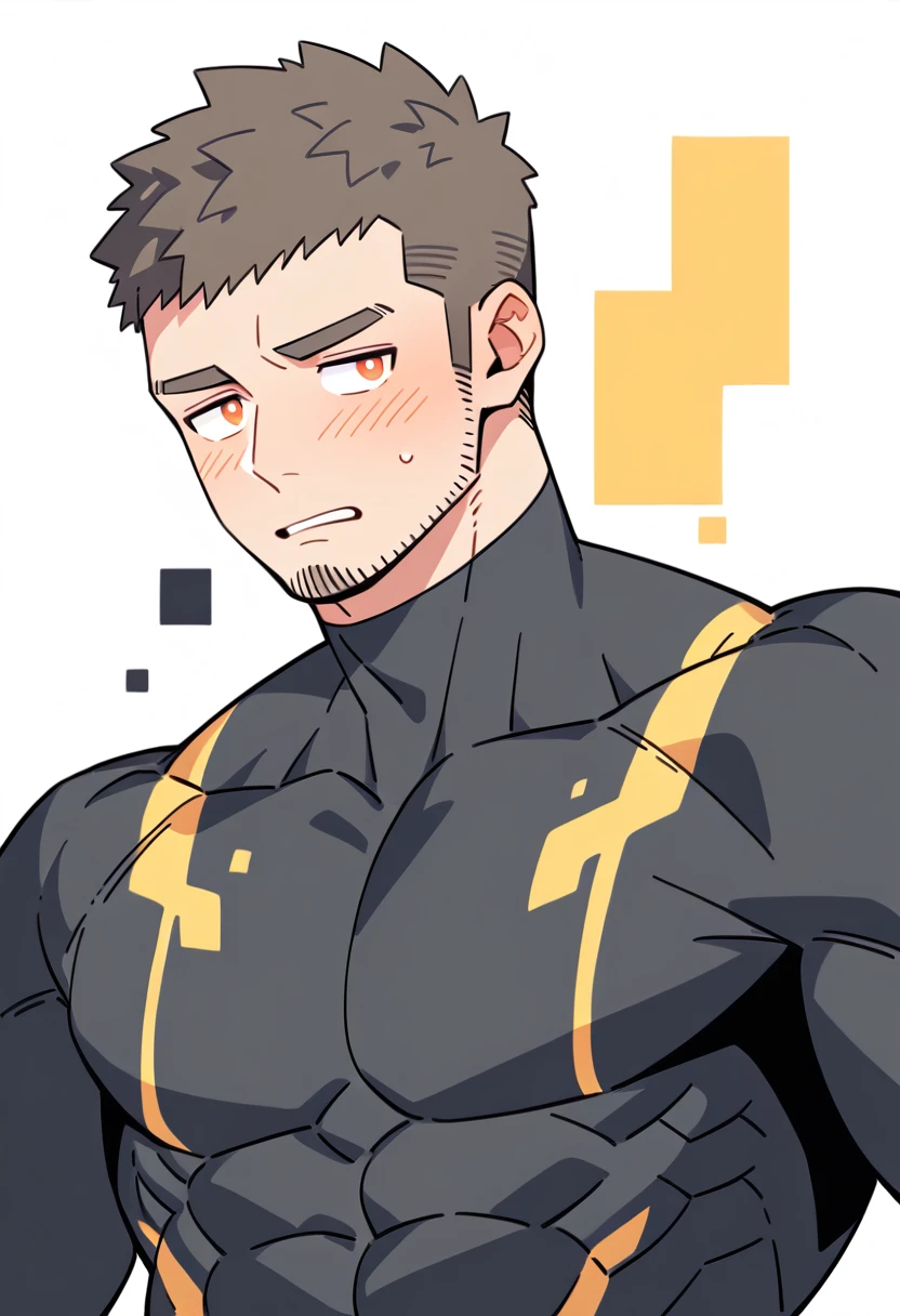 anime characters:Gyee Priapus, Muscle Sports Student, Buzz Cut, Manliness, male focus, Compression bodysuit, Yellow and black high collar long sleeve tight diving suit, Very tight, Regular symmetrical pattern, full and perky chest muscles, muscular male, muscular, only, Upper body, alone, Red short hair, Thick eyebrows, stubble, Brown-red pupils, White background, simple background, amazing quality, best aesthetics, Ridiculous, crew cut, parted lips, flustered, endured face, shy, blush, negative space, negative space, best quality