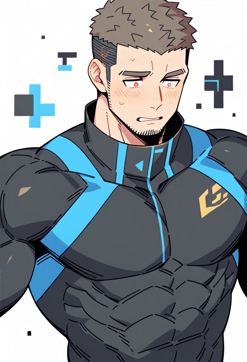 anime characters:Gyee Priapus, Muscle Sports Student, Buzz Cut, Manliness, male focus, Compression bodysuit, Yellow and black high collar long sleeve tight diving suit, Very tight, Regular symmetrical pattern, full and perky chest muscles, muscular male, muscular, only, Upper body, alone, Red short hair, Thick eyebrows, stubble, Brown-red pupils, White background, simple background, amazing quality, best aesthetics, Ridiculous, crew cut, parted lips, flustered, endured face, shy, blush, negative space, negative space, best quality