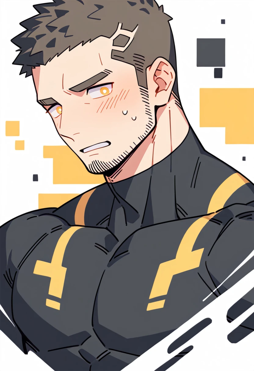 anime characters:Gyee Priapus, Muscle Sports Student, Buzz Cut, Manliness, male focus, Compression bodysuit, Yellow and black high collar long sleeve tight diving suit, Very tight, Regular symmetrical pattern, full and perky chest muscles, muscular male, muscular, only, Upper body, alone, Red short hair, Thick eyebrows, stubble, Brown-red pupils, White background, simple background, amazing quality, best aesthetics, Ridiculous, crew cut, parted lips, flustered, endured face, shy, blush, negative space, negative space, best quality