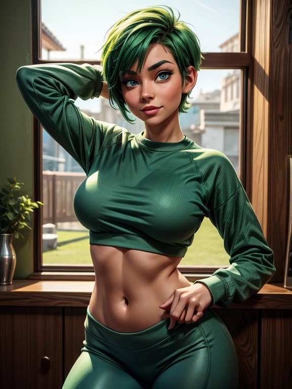woman with short green hair, fair skin, blue eyes, wearing green sweatshirt and leggings, breasts facing the viewer, expression of joy, happiness, sensual pose. looking at the viewer.