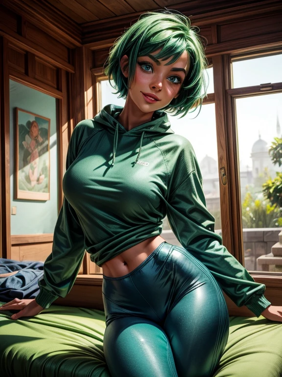 woman with short green hair, fair skin, blue eyes, wearing green sweatshirt and leggings, breasts facing the viewer, expression of joy, happiness, sensual pose. looking at the viewer.