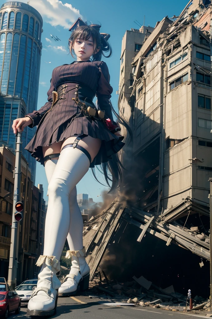 Fisheye Lens、looking at the camera、steampunk、Standing on top of a ruined building、Big building explosion、The building collapses、Urban hustle and bustle、Traffic jam、City of Rubble、street tree、Car and bus、truck、taxi、City boulevard、Pedestrian bridge、Streetcar route、((((Azur Lane Cheshire Cosplay))))、Frilled maid outfit、（(Super huge breasts)）、（(Plump thighs)）、Ground View，City of Giants,500 foot tall giant girl，skyscraper,Has super long legs,Step into the crowd，There are many people on the street,Knee-high socks，A happy look，Standing on the ruins，Beautiful appearance，Exquisite makeup，quality，8k，高quality，Perfect Proportions, Cinema Lighting，Film Grain，The Colors of Fuji，8k，Textured skin，Super Detail，High detail，high quality，High resolution，explode，False Smile、Reaching out