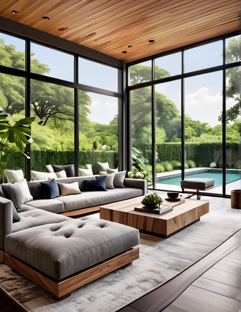 Design an elegant and contemporary living room with large glass windows offering a panoramic view of an outdoor pool and lush garden. The space should include a large gray sofa with decorative pillows, a striking wooden coffee table with a natural finish, and a stylish dark rug. Incorporate minimalist artwork on the walls and blend natural and modern elements seamlessly throughout the room. Make sure the space is filled with natural light, creating a bright, airy, and inviting atmosphere