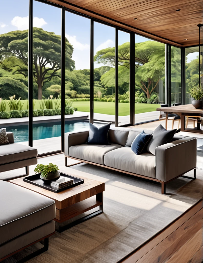 Design an elegant and contemporary living room with large glass windows offering a panoramic view of an outdoor pool and lush garden. The space should include a large gray sofa with decorative pillows, a striking wooden coffee table with a natural finish, and a stylish dark rug. Incorporate minimalist artwork on the walls and blend natural and modern elements seamlessly throughout the room. Make sure the space is filled with natural light, creating a bright, airy, and inviting atmosphere