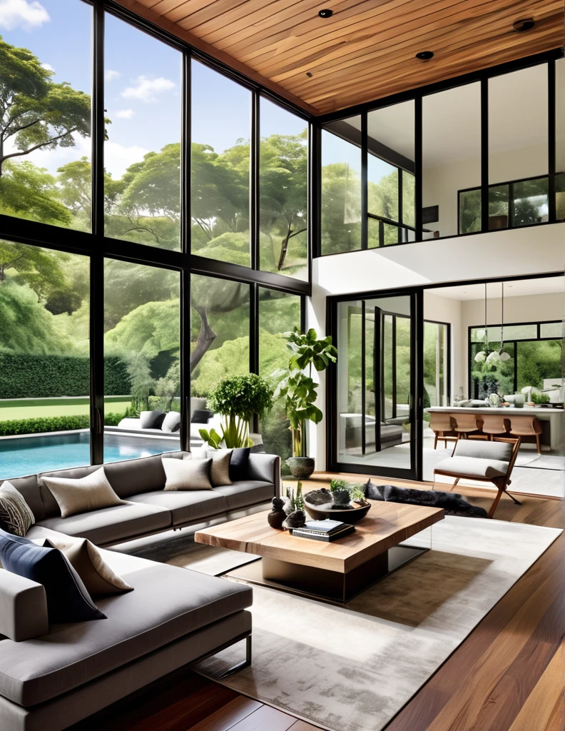 Design an elegant and contemporary living room with large glass windows offering a panoramic view of an outdoor pool and lush garden. The space should include a large gray sofa with decorative pillows, a striking wooden coffee table with a natural finish, and a stylish dark rug. Incorporate minimalist artwork on the walls and blend natural and modern elements seamlessly throughout the room. Make sure the space is filled with natural light, creating a bright, airy, and inviting atmosphere