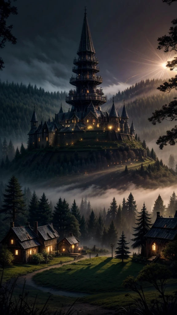 realistic dark oil painting of a medieval village at sunrise, moss, mist, misty, Eyeshadow, misterious, myth, dark, Light shining through the forest, surrounding, Depth of Field, Volumetric Lighting, light, Moody, heavy darkness, Black sky, low angle perspective, Courtesy of Evander Earle