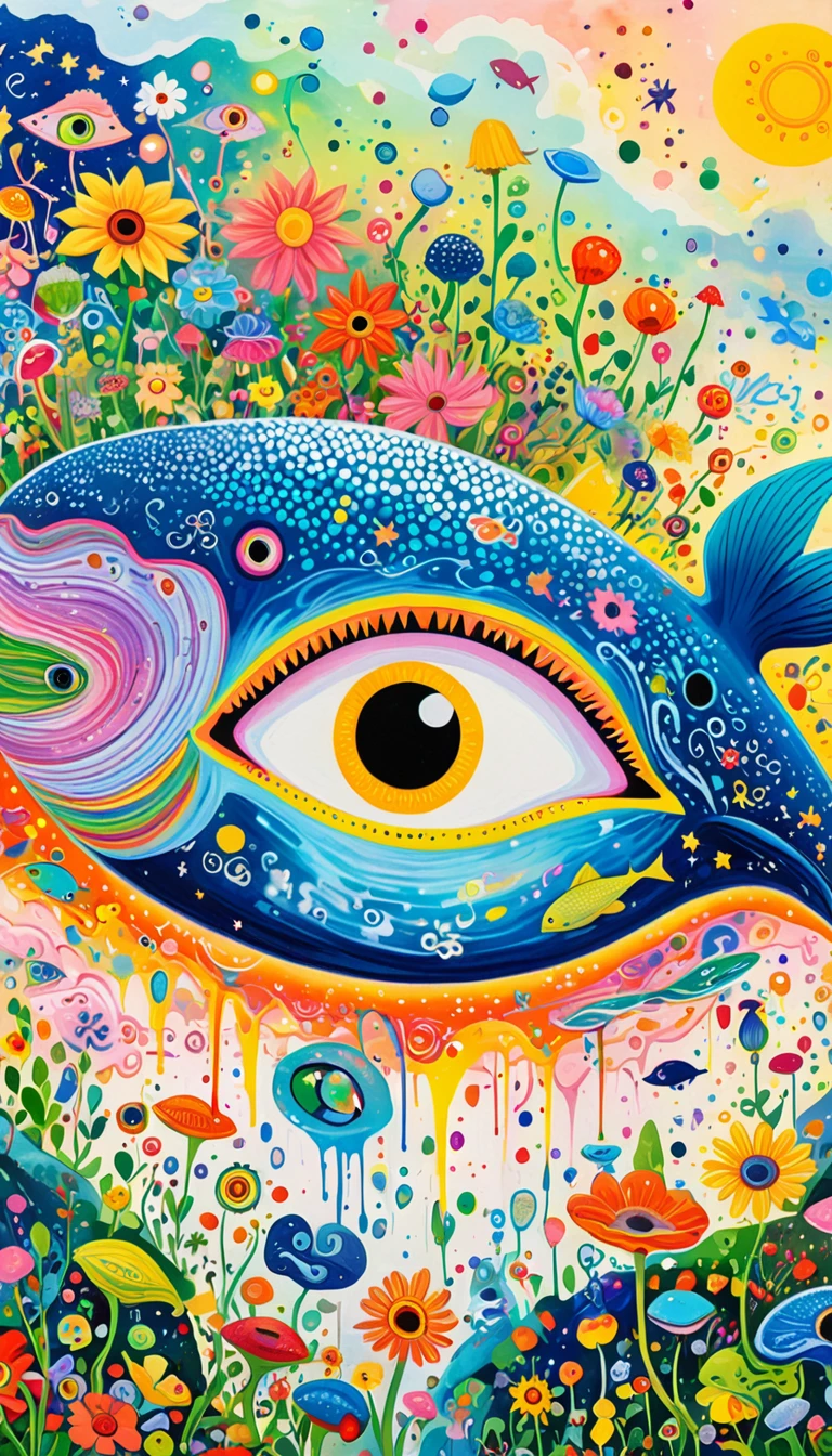 Children's graffiti,Thick coating,Concave and convex texture,Oil pastel strokes:Artists from the stars,Child,Flying Whale:1.37、Eruption Cloud、flowesh、章fish触手瀑布。、bird、(((Eye)))、diatom,Abstract mosaic painting,Describing the inner world of autistic people,Large area of white,interesting,Innocence,Vision,Psychedelic Art,