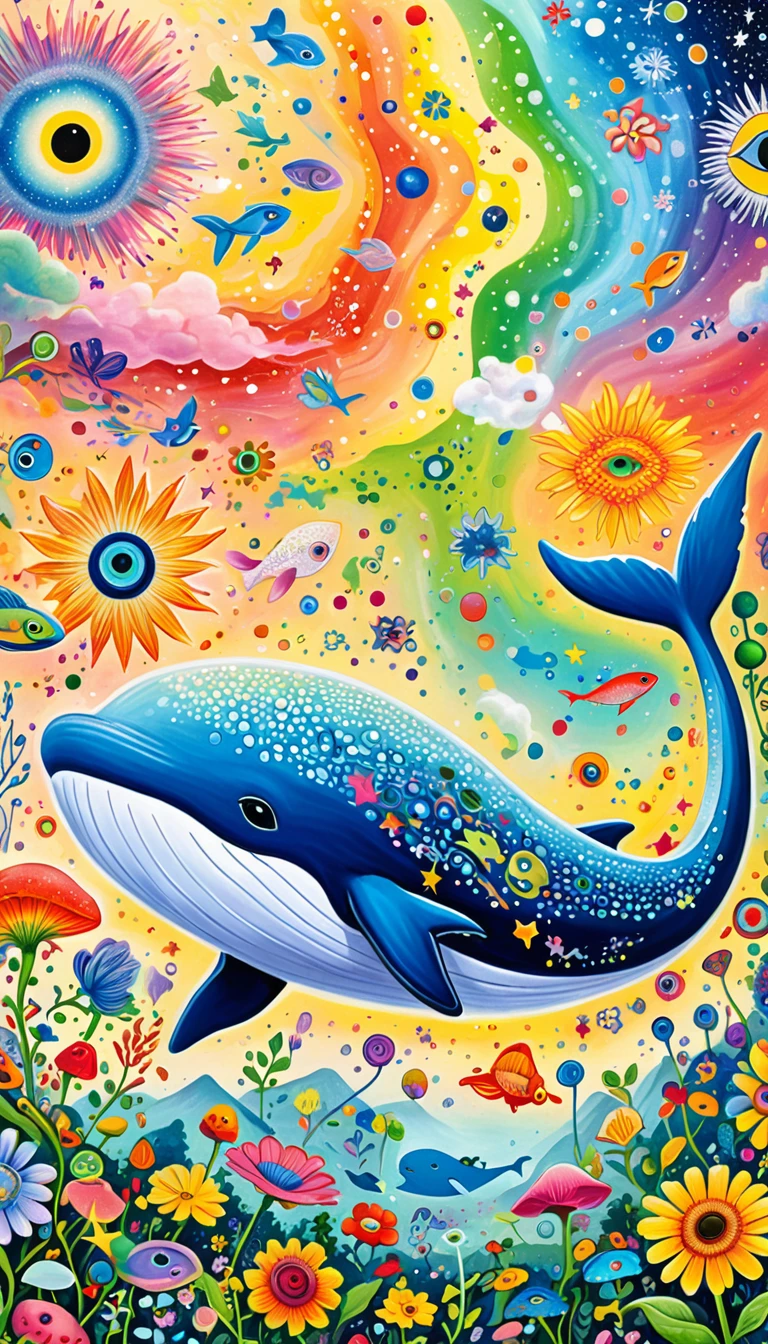 Children's graffiti,Thick coating,Concave and convex texture,Oil pastel strokes:Artists from the stars,Child,Flying Whale:1.37、Eruption Cloud、flowesh、章fish触手瀑布。、bird、(((Eye)))、diatom,Abstract mosaic painting,Describing the inner world of autistic people,Large area of white,interesting,Innocence,Vision,Psychedelic Art,