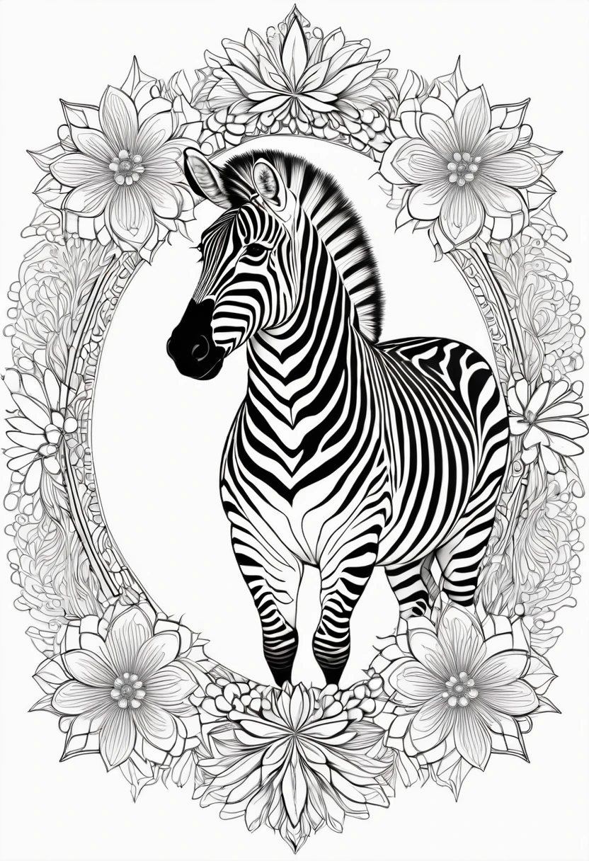 A striking black and white line art coloring page designed for adults with white background, featuring a majestic Zebra in a mandala-inspired style. The Zebra is adorned with intricate patterns that include floral and geometric designs, making it an engaging and detailed work of art. The illustration focuses on crisp, clean lines and bold outlines, without any shading or color, allowing the user to bring their own vibrancy to the piece. The minimalistic design, with its thick lines and absence of background details, creates a soothing coloring experience for adults seeking calming and creative activities. illustration