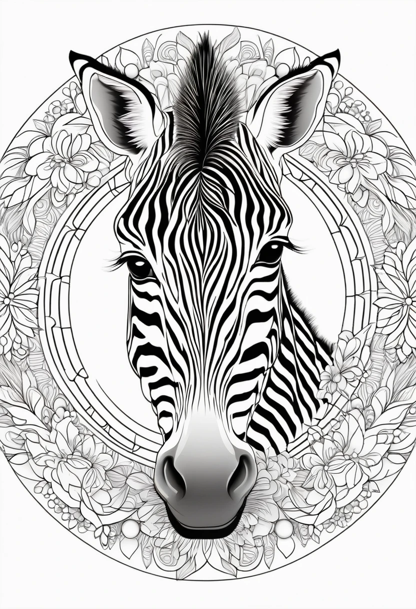 A striking black and white line art coloring page designed for adults with white background, featuring a majestic Zebra in a mandala-inspired style. The Zebra is adorned with intricate patterns that include floral and geometric designs, making it an engaging and detailed work of art. The illustration focuses on crisp, clean lines and bold outlines, without any shading or color, allowing the user to bring their own vibrancy to the piece. The minimalistic design, with its thick lines and absence of background details, creates a soothing coloring experience for adults seeking calming and creative activities. illustration