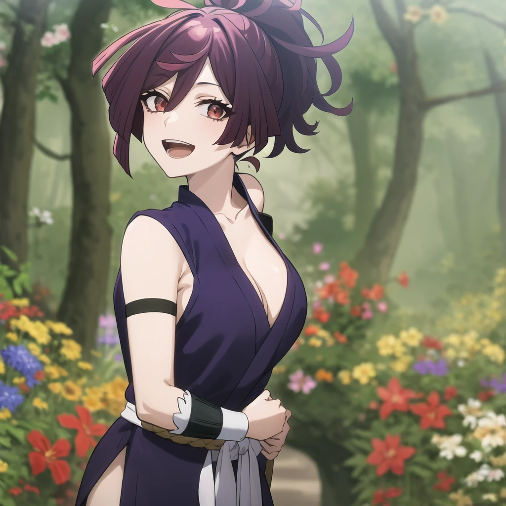 best quality, (masterpiece:1.2), highly detailed, flowers, forest, blurry background,
1girl, solo, Yuzuriha,
looking at viewer, medium breasts, smile, open mouth,
red eyes, purple hair, ponytail, cleavage, ninja, japanese clothes, bare shoulders