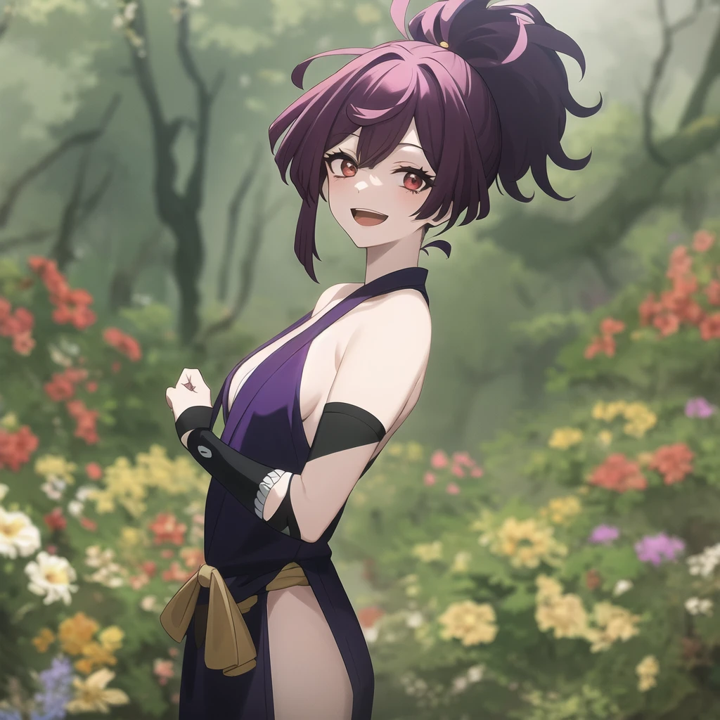 best quality, (masterpiece:1.2), highly detailed, flowers, forest, blurry background,
1girl, solo, Yuzuriha,
looking at viewer, medium breasts, smile, open mouth,
red eyes, purple hair, ponytail, cleavage, ninja, japanese clothes, bare shoulders