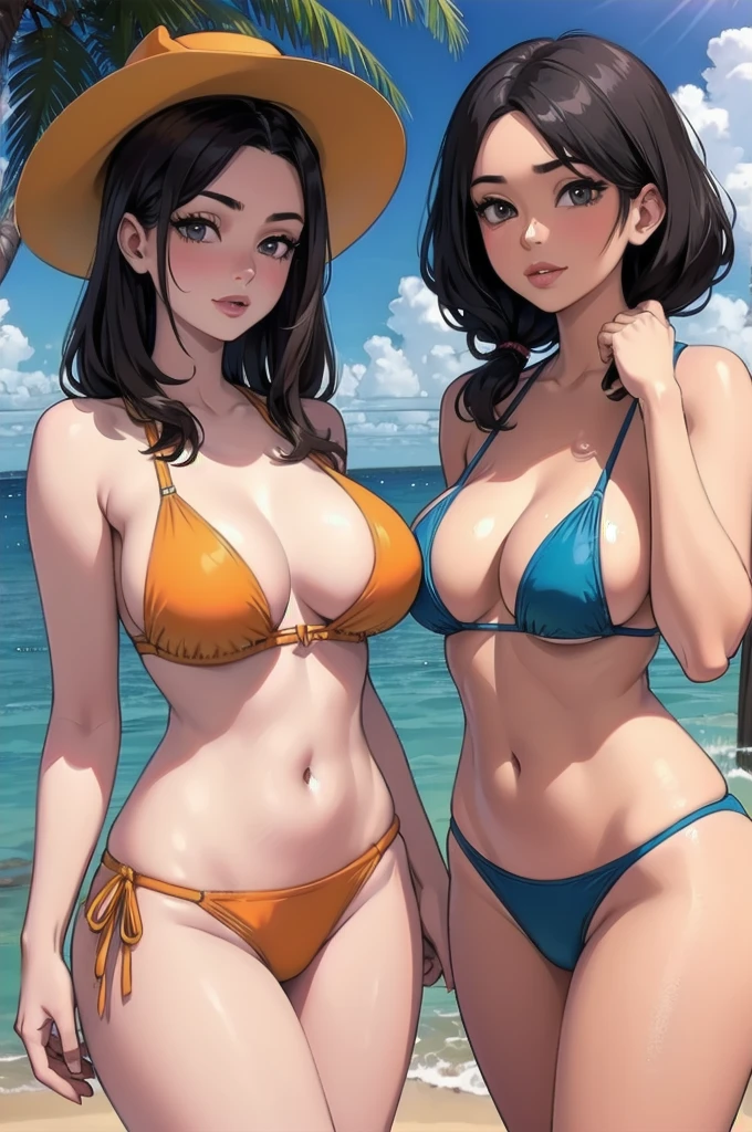 Hot friends at the beach, very diverse appearances, cute swimwear, sunny day