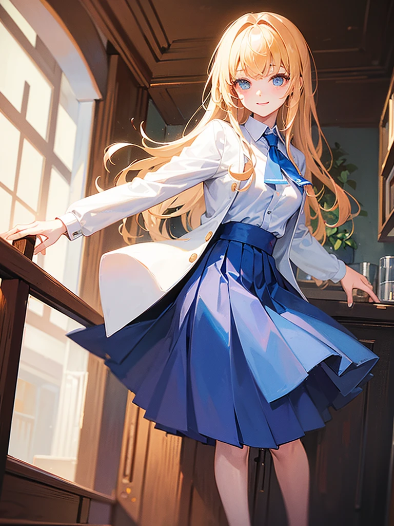 masterpiece, Highest quality, Very detailed, One girl, Alice, White jacket, White shirt, Blue tie, Pleated skirt, Hello, indoor, smile