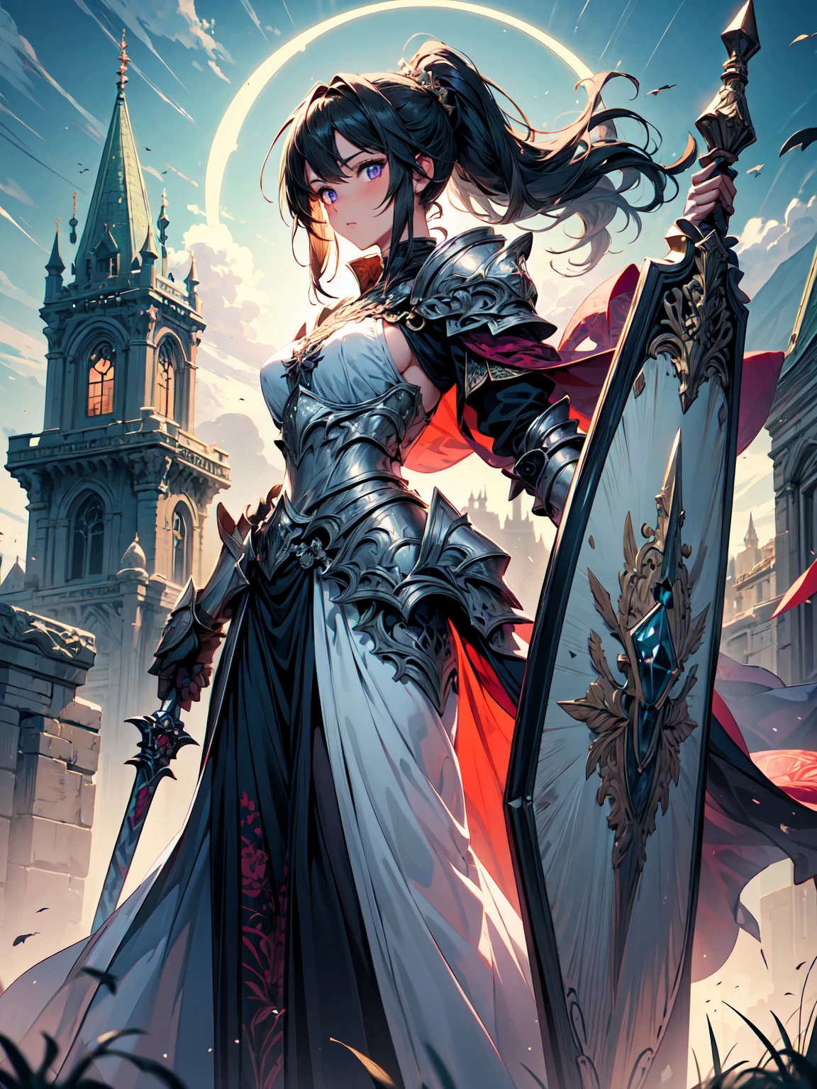 (((masterpiece, best quality, 16k)))A majestic artwork of a graceful female paladin standing in a grand, medieval landscape. The full-body view reveals her adorned in exquisitely designed armor that combines elegance and strength. Her gleaming silver armor is intricately engraved with swirling patterns and symbols of protection and valor. The breastplate features delicate filigree and gem inlays, while her gauntlets and greaves are finely etched, catching the light with every movement. She wears an ornate, deep purple cape that flows gracefully behind her.

Her long black hair is tied in a sleek ponytail, cascading down her back, complementing her regal appearance. Her striking amethyst purple eyes, filled with resolve and determination, enhance her beauty and strength. She carries a beautifully crafted shield, embossed with intricate heraldic symbols and protective runes, its edges reinforced with gold trim. In her other hand, she wields a formidable mace, adorned with intricate engravings and inlaid gemstones that shimmer softly.

The background features a sprawling castle with tall spires against a dawn sky. Rolling hills and lush meadows stretch out before her, with a serene river winding through the landscape. Birds take flight in the early morning light, enhancing the sense of peace and anticipation.

The paladin stands poised and ready, embodying both grace and power, a guardian of the land and a beacon of hope for all who gaze upon her. Her presence is commanding and inspiring, a true paragon of beauty and strength.