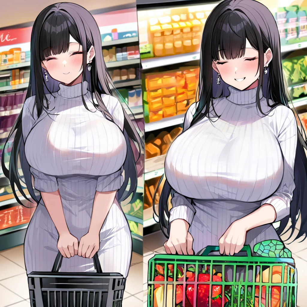 Solo, 1girl, Closed Eyes, Smile, Large breasts, Earrings, Long Hair, Bangs, Black Hair, turtle neck ribbed dress, supermarket, shopping basket in hand, perfect eyes, perfect hands, perfect anatomy, perfect detail, Masterpiece, Anatomically Correct, High Quality, Best Quality, Super Detailed, High Details, Pink Eyes, Blush,