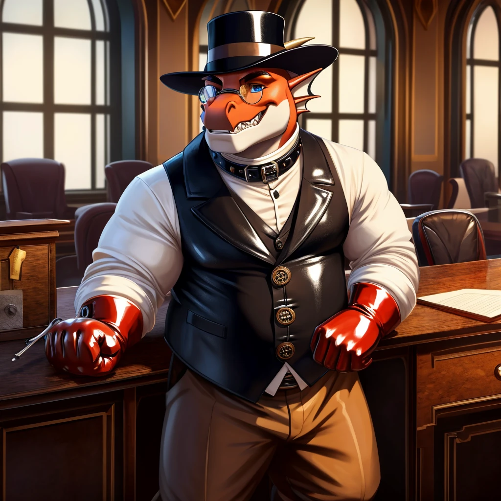 Solo, Male, fat, extremely obese, gentleman, dapper Professor Dragon, mob boss, blue eyes, (posing:1.3), (soft shading), 4k, hi res, ((detailed face, detailed)), 1920s, gangster, looking at viewer, mouth wide open, dapper clothing, collared shirt with buttons, bowler hat, male focus, Explorer Outfit, glasses, monocle, vest with buttons, sleeves rolled up, round eyewear, brown headwear, brown vest, office, Dragon is wearing a glossy leather dog collar around the neck, Dragon is wearing the leather collar and shirt and vest at the same time, Dragon is wearing glossy white rubber gloves on the hands, wearing white rubber gloves on the feet, gloves are rubber in texture, clenching teeth, clenching fists, leather collar is glossy and shiny with a lot of detail, Dragon is wearing gloves and leather collar at the same time, leather collar has a round dog-tag, leather collar is thick and detailed, leather collar is glossy and shiny, fancy clothing, dapper vest, dapper shirt, leather collar is thick, glossy leather collar.
