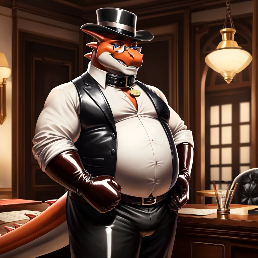 Solo, Male, fat, extremely obese, gentleman, dapper Professor Dragon, mob boss, blue eyes, (posing:1.3), (soft shading), 4k, hi res, ((detailed face, detailed)), 1920s, gangster, looking at viewer, mouth wide open, dapper clothing, collared shirt with buttons, bowler hat, male focus, Explorer Outfit, glasses, monocle, vest with buttons, sleeves rolled up, round eyewear, brown headwear, brown vest, office, Dragon is wearing a glossy leather dog collar around the neck, Dragon is wearing the leather collar and shirt and vest at the same time, Dragon is wearing glossy white rubber gloves on the hands, wearing white rubber gloves on the feet, gloves are rubber in texture, clenching teeth, clenching fists, leather collar is glossy and shiny with a lot of detail, Dragon is wearing gloves and leather collar at the same time, leather collar has a round dog-tag, leather collar is thick and detailed, leather collar is glossy and shiny, fancy clothing, dapper vest, dapper shirt, leather collar is thick, glossy leather collar.