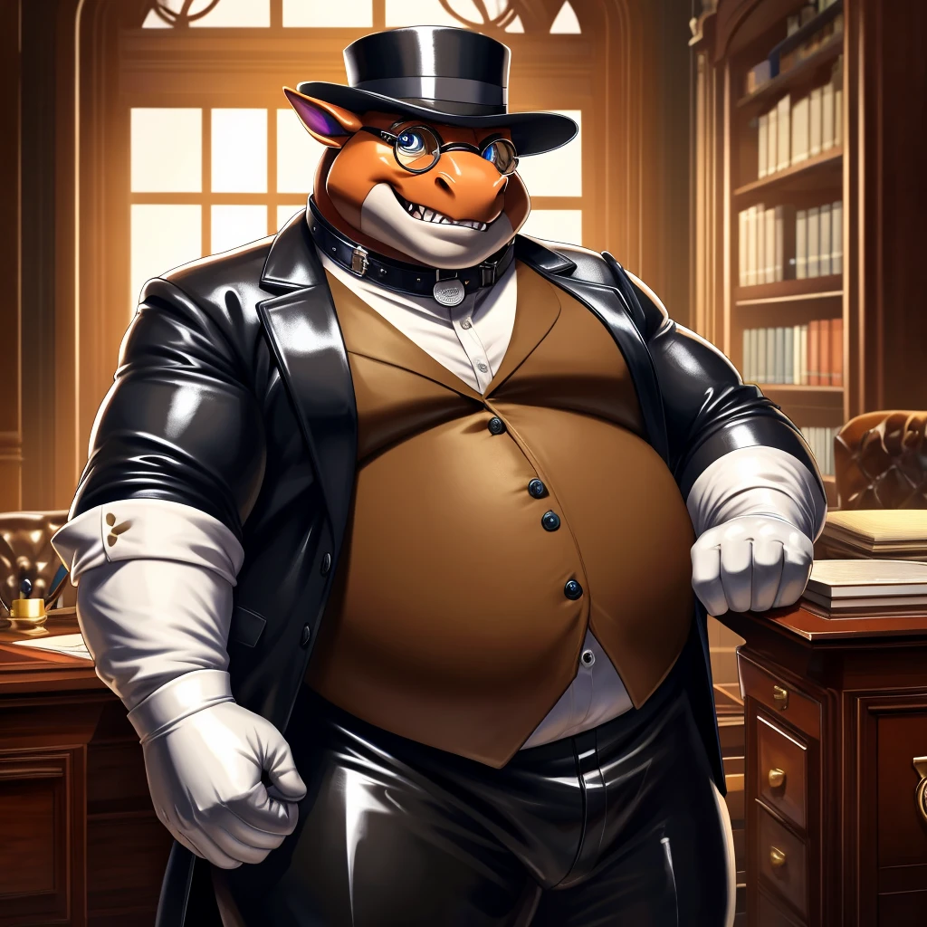Solo, Male, fat, extremely obese, gentleman, dapper Professor Dragon, mob boss, blue eyes, (posing:1.3), (soft shading), 4k, hi res, ((detailed face, detailed)), looking at viewer, mouth wide open, dapper clothing, collared shirt with buttons, bowler hat, male focus, Explorer Outfit, glasses, monocle, vest with buttons, sleeves rolled up, round eyewear, brown headwear, brown vest, office, Dragon is wearing a glossy leather dog collar around the neck, Dragon is wearing the leather collar and shirt and vest at the same time, Dragon is wearing glossy white rubber gloves on the hands, wearing white rubber gloves on the feet, gloves are rubber in texture, clenching teeth, clenching fists, leather collar is glossy and shiny with a lot of detail, Dragon is wearing gloves and leather collar at the same time, leather collar has a round dog-tag, leather collar is thick and detailed, leather collar is glossy and shiny, fancy clothing, dapper vest, dapper shirt, leather collar is thick, glossy leather collar.