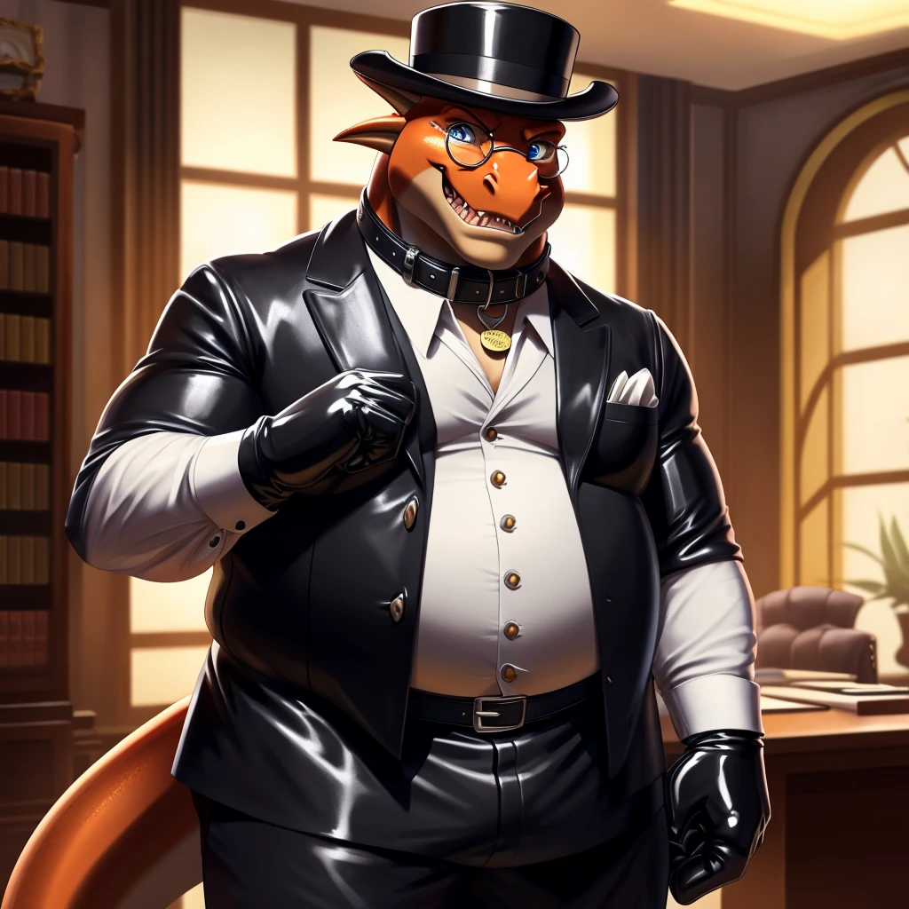 Solo, Male, fat, extremely obese, gentleman, dapper Professor Dragon, mob boss, blue eyes, (posing:1.3), (soft shading), 4k, hi res, ((detailed face, detailed)), 1920s, gangster, looking at viewer, mouth wide open, dapper clothing, collared shirt with buttons, bowler hat, male focus, Explorer Outfit, glasses, monocle, vest with buttons, sleeves rolled up, round eyewear, brown headwear, brown vest, office, Dragon is wearing a glossy leather dog collar around the neck, Dragon is wearing the leather collar and shirt and vest at the same time, Dragon is wearing glossy white rubber gloves on the hands, wearing white rubber gloves on the feet, gloves are rubber in texture, clenching teeth, clenching fists, leather collar is glossy and shiny with a lot of detail, Dragon is wearing gloves and leather collar at the same time, leather collar has a round dog-tag, leather collar is thick and detailed, leather collar is glossy and shiny, fancy clothing, dapper vest, dapper shirt, leather collar is thick, glossy leather collar.