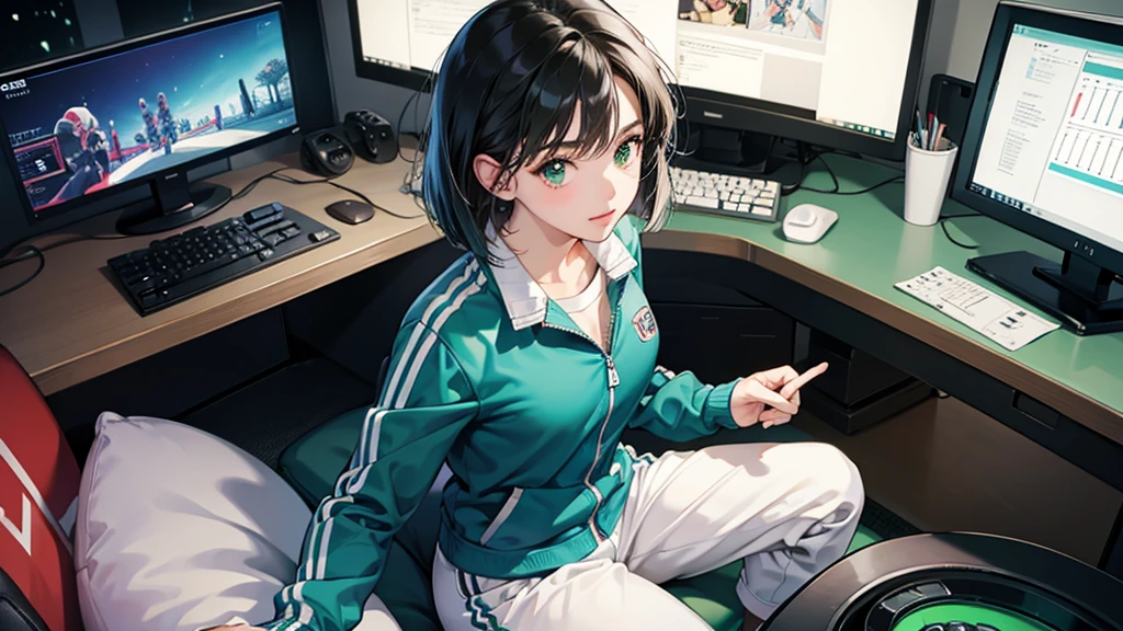 (perfect anatomy:1.2)(absurdres, highres, ultra detailed),masterpiece,best quality,high resolution,8k,Realistic face,Realistic skin texture,magnified textures, stunning clarity,detailed anime girl,(ultra detailed eyes and face),(1 girl:1.4)21years old,she is office worker,,black hair, bob cut, No-makeup look,,(green school track jacket:1.2),(white school track pants),white t-thirt,(The chest is visible),11 p.m,sparkling eyes,small nose,roundface,Women's Apartments in japanese suburb,(faint light),(darkness),(midnight),(sitting a gaming chiar:1.4),(happy),