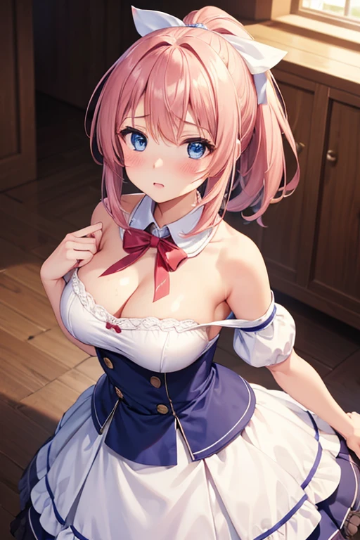 One girl, High resolution, ponytail, ribbon, masterpiece, Highest quality, Medium Hair, Large Breasts, Blushing, blue eyes, Light blush, expression, Character portrait, Background blur, movie, 
