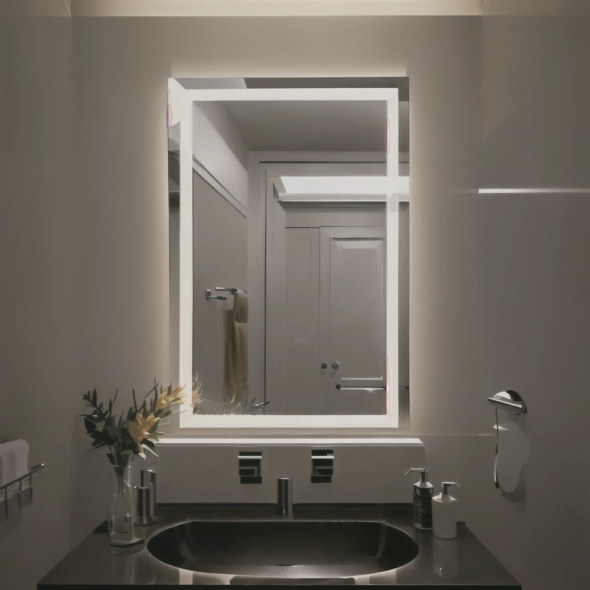 there is a bathroom with a sink and a mirror in it, 1x, retro vintage, mirror and glass surfaces, ca, high quality reflections, mirror, ad, epic lighting”, shiny glossy mirror reflections, rectangle, electric, mirror background, designer art, ( visually stunning, mm, mirrored, !!award-winning!!, reflection of led lights
