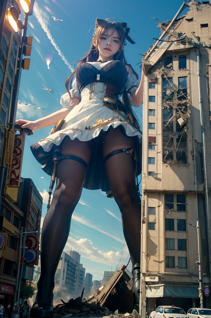 Fisheye Lens、looking at the camera、steampunk、Standing on top of a ruined building、Big building explosion、The building collapses、Urban hustle and bustle、Traffic jam、City of Rubble、street tree、Car and bus、truck、taxi、City boulevard、Pedestrian bridge、Streetcar route、((((Azur Lane Cheshire Cosplay))))、Frilled maid outfit、((Super huge breasts))、((Plump thighs))、Ground View,City of Giants,500 foot tall giant girl,skyscraper,Has super long legs,Step into the crowd,There are many people on the street,Knee-high socks,A happy look,Standing on the ruins,Beautiful appearance,Exquisite makeup,quality,8k,高quality,Perfect Proportions, Cinema Lighting,Film Grain,The Colors of Fuji,8k,Textured skin,Super Detail,High detail,high quality,High resolution,explode,False Smile、Reaching out