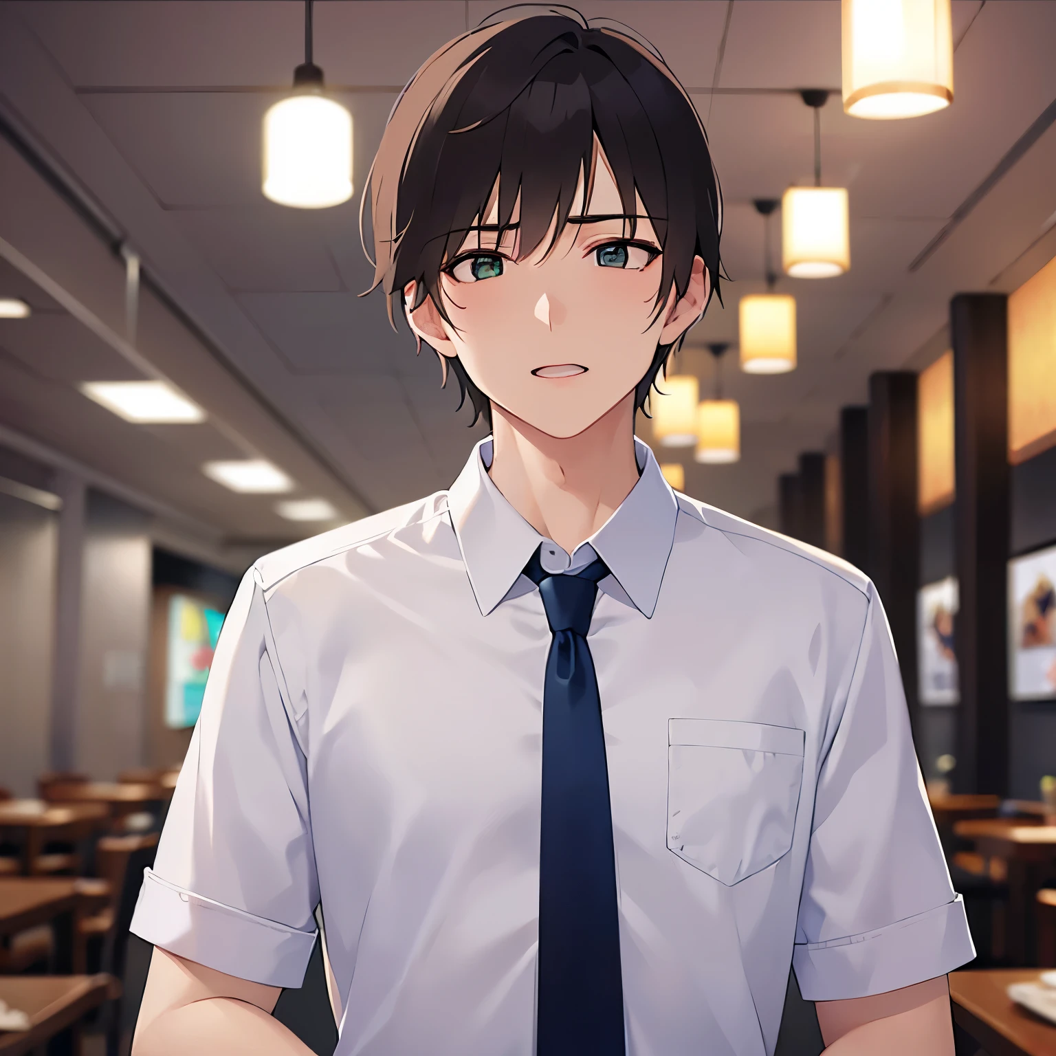 hand up, upper body、masterpiece、Highest quality、(25-year-old male:1.5) and (Brown short hair) and (Green Eyes), (white collared shirt) and (Blue tie)、(surprised:1.3), (blush:1.2), The background is the interior of a restaurant at night.、(Alone:1.5)、Upper body is shown、Are standing