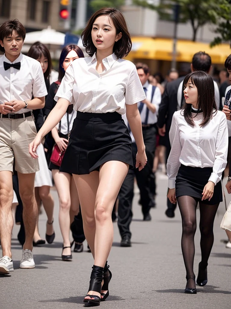 (RAW Photos、Highest quality)、(Real、写真のRealさ: 1.3)、Highest quality、Very detailed、8k RAW Photos、Highest quality、masterpiece、Ultra-high resolution、3d、Real、1 girl、((Beautiful woman walking in the city))、Walking towards the audience、((Portrait))、Japanese women、Serious face、Black Hair、Black crew collar、short hair、nose、School uniforms、Natural skin texture、Light brown eyes、Detailed eyes and face、lips、lipstick、Beautiful legs、Huge breasts、(Detailed Background)、Checkered mini skirt、White shirt、Brown high heels、Huge breasts、Blurred Background、Short sleeve、whole body、Bright white lighting