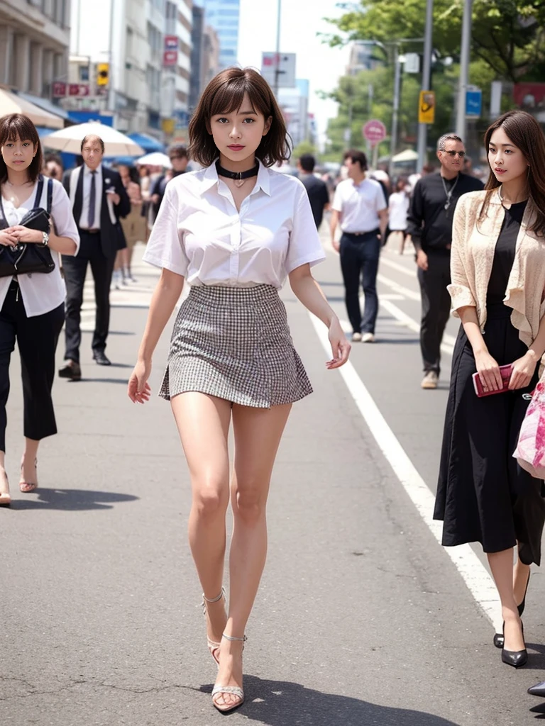 (RAW Photos、Highest quality)、(Real、写真のRealさ: 1.3)、Highest quality、Very detailed、8k RAW Photos、Highest quality、masterpiece、Ultra-high resolution、3d、Real、1 girl、((Beautiful woman walking in the city))、Walking towards the audience、((Portrait))、Japanese women、Serious face、Black Hair、Black crew collar、short hair、nose、School uniforms、Natural skin texture、Light brown eyes、Detailed eyes and face、lips、lipstick、Beautiful legs、Huge breasts、(Detailed Background)、Checkered mini skirt、White shirt、Brown high heels、Huge breasts、Blurred Background、Short sleeve、whole body、Bright white lighting