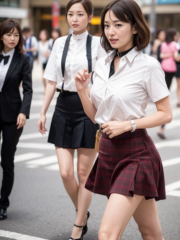 (RAW Photos、Highest quality)、(Real、写真のRealさ: 1.3)、Highest quality、Very detailed、8k RAW Photos、Highest quality、masterpiece、Ultra-high resolution、3d、Real、1 girl、((Beautiful woman walking in the city))、Walking towards the audience、((Portrait))、Japanese women、Serious face、Black Hair、Black crew collar、short hair、nose、School uniforms、Natural skin texture、Light brown eyes、Detailed eyes and face、lips、lipstick、Beautiful legs、Huge breasts、(Detailed Background)、Checkered mini skirt、White shirt、Brown high heels、Huge breasts、Blurred Background、Short sleeve、whole body、Bright white lighting