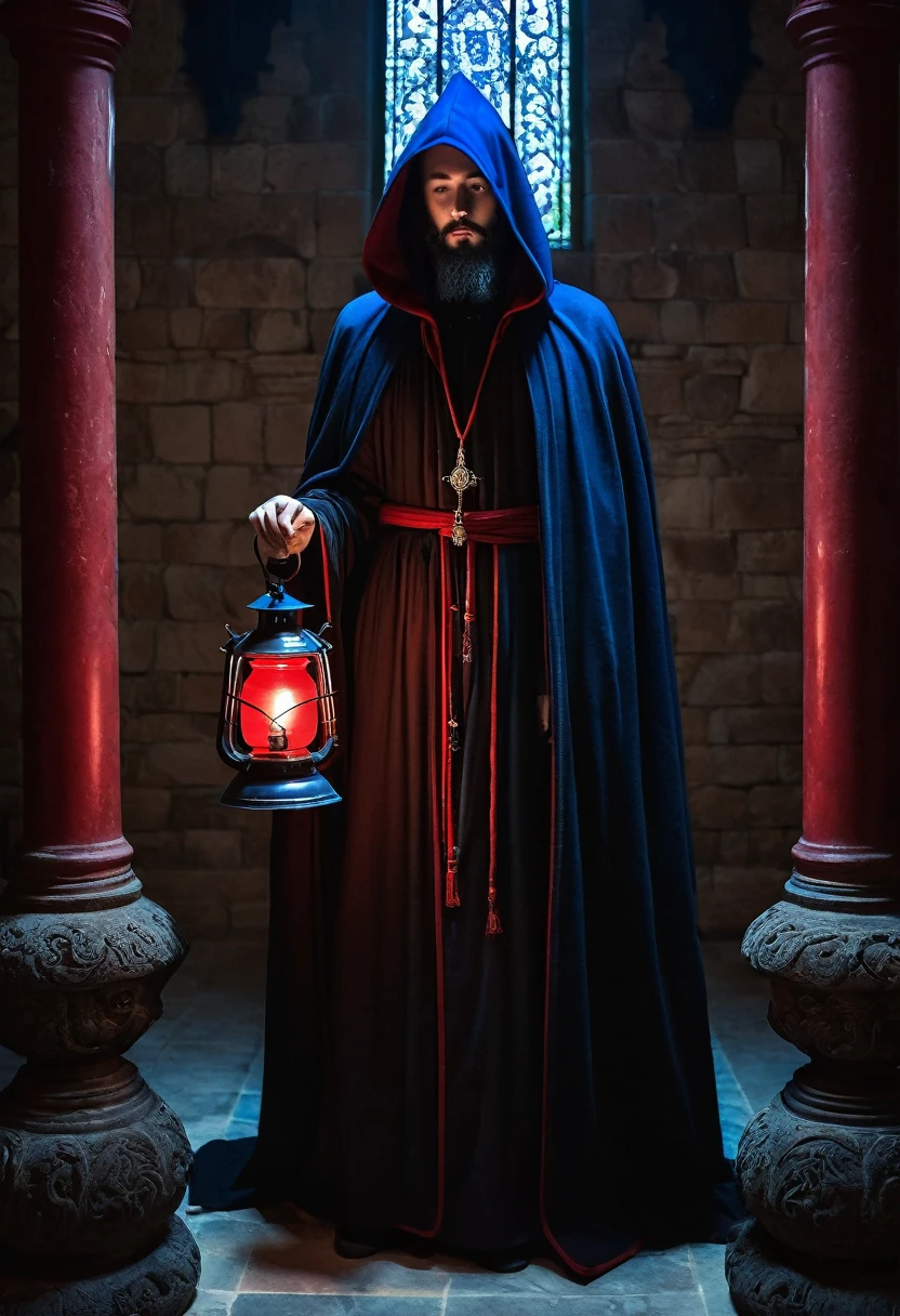 monk covered in a black cloak in a kind of sanctuary with a blue lamp in his hand, surrounded by men hooded in red