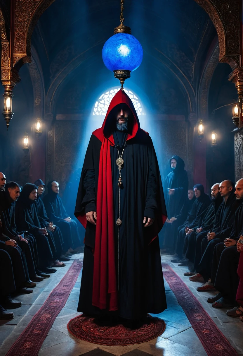 covered in a black cloak in a kind of sanctuary with a blue lamp in his hand, surrounded by men hooded in red