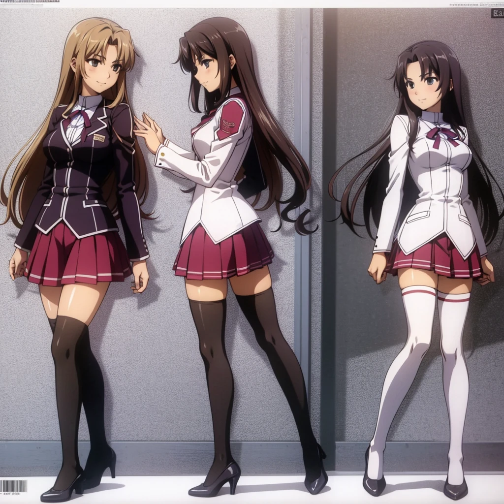 Masterpiece, high quality, 2girls, duo, identical twins, identical sisters, brown hair, curly hair, matching hairstyles, hazel eyes, medium sized bust, (school uniform, sexy school uniform, blazer, lace section, ribbon, rainbow short skirt, white thigh-high socks, black high heels, matching outfits), smile, flat_colour, full body, seductive pose, Duo pose: From the side angle, people&#39;s body curves are beautiful.
hugged from the side