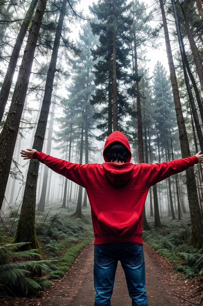A person wearing a red hoodie and jeans stands in a foggy forest with their arms outstretched
