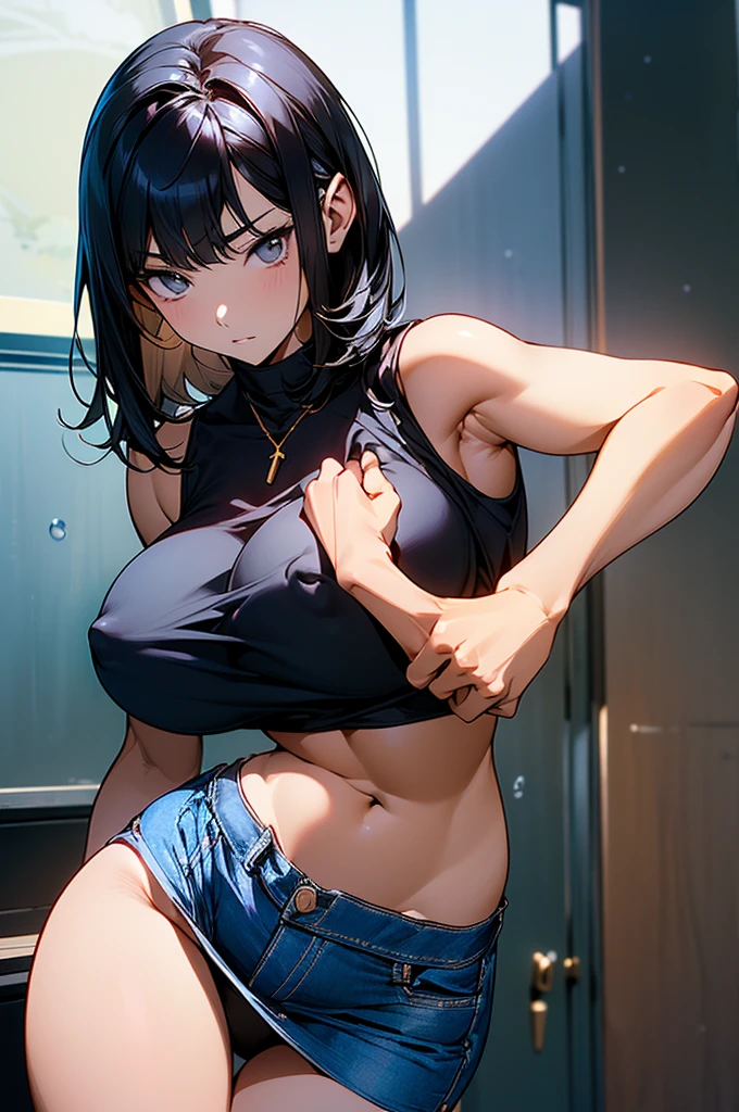 (masterpiece、Highest quality)、NSFW、(masterpiece、Highest quality:1.2)、1 person、solo、M字Leg spread、Leg spread座り、White string panties、Open legs、Legs open、Leg spread、(Big Tits、Big Breasts、Transparent breasts)、In town、congestion、belly button、Thigh、(Big Tits、Big Breasts、Transparent breasts)、(Erect nipples、black tank top shirt、black bra top、Low rise、belly button、Navy blue denim short skirt、Micro Mini Skirt、White string panties、Gold Necklace)、(Big Tits、Big Breasts)、(tall、Toned body、slim body、Brown Skin、Sunburn、Big Breasts)、(Slanted Eyes、Dark Eyes)、(Sexy look、Erotic look、Estrus、Lust)、((black hair medium straight、Black hair medium bob))、In town、Female teacher, 23 years old、Rumiko Honjo、((masterpiece))、((Highest quality))、((detailed)、((Adult female))、photograph、美しくdetailedな顔、detailedな目、独奏、