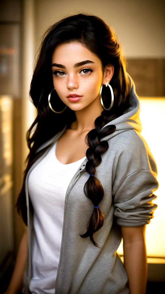 masterpiece,best quality, realistic illustration, style of Philip Lorca diCorcia, girl aged 18yo, 1girl, solo, black long hair, large braid, olive eyes, light freckles, toned body, large breasts, dark skin, wearing a hoodie, hoop earrings, perfect lips, posing for the camera, pretty face, cute face, vignette, realistic facial features, highly detailed body, high budget, bokeh, cinemascope, moody, epic, gorgeous, whole body photo, film grain, grainy