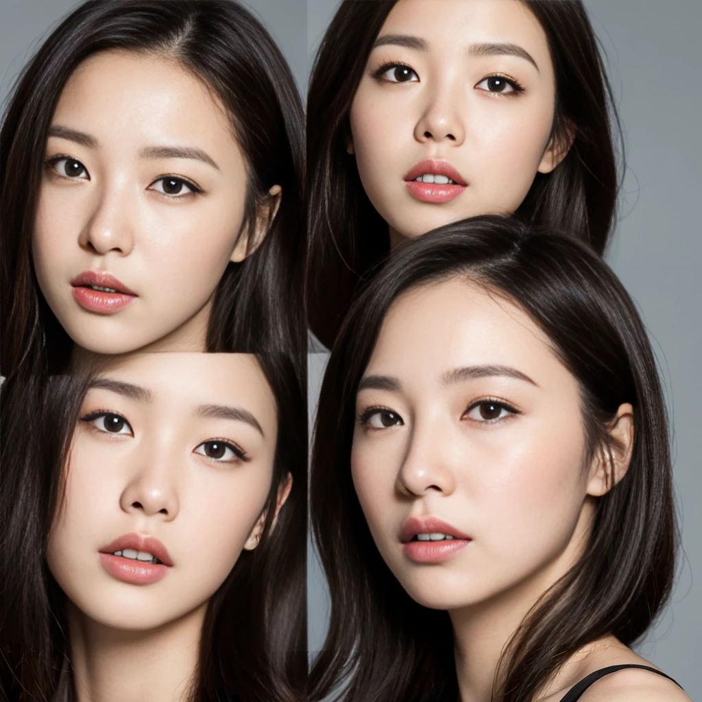 ((Highest quality, 8k, 2girl, beautiful girl)), cute, dynamism, Detailed face, Detailed skin, Detailed eyes, Detailed lips, Detailed fingers, Mouth details, Detailed teeth, Detailed tongue, Round eyes, Tear bags, Realistic, RAW Photos, Natural light, Perfect Anatomy, High resolution, Silver color background, chest, twin color hair, Sitting