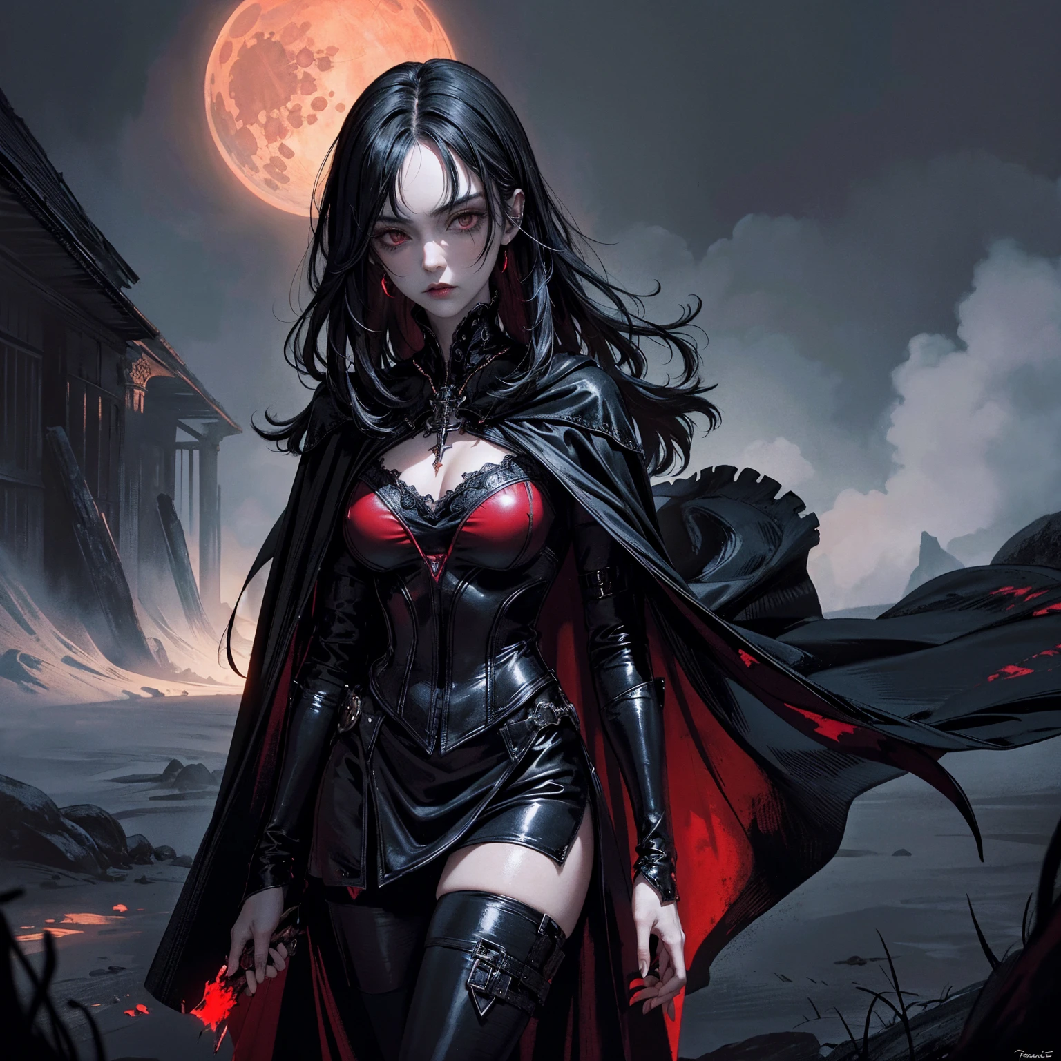 best quality, 4k, high resolution, masterpiece:1.2, Very detailed, actual:1.37, Mood lighting, Girl in a long cape, Wearing a reflective latex skirt that shows a little skin above the chest, Dangerous sneer, Black Hair, Standing, Face facing the camera, Crucified, Pitch black sky, Blood-red moon, strange atmosphere, Gothic style, Unforgettable beauty, Dramatic shadows, Ethereal Light, Mysterious atmosphere.