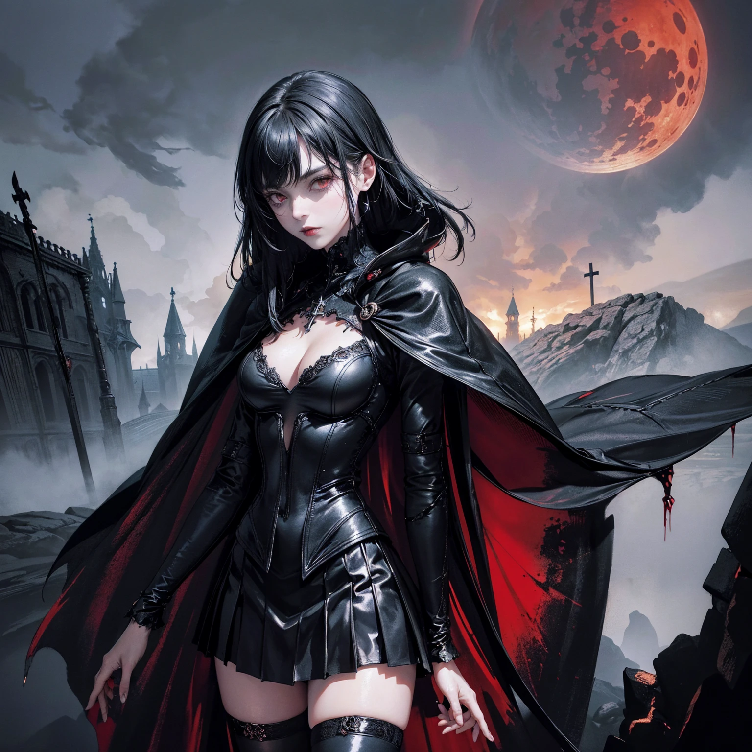best quality, 4k, high resolution, masterpiece:1.2, Very detailed, actual:1.37, Mood lighting, Girl in a long cape, Wearing a reflective latex skirt that shows a little skin above the chest, Dangerous sneer, Black Hair, Standing, Face facing the camera, Crucified, Pitch black sky, Blood-red moon, strange atmosphere, Gothic style, Unforgettable beauty, Dramatic shadows, Ethereal Light, Mysterious atmosphere.
