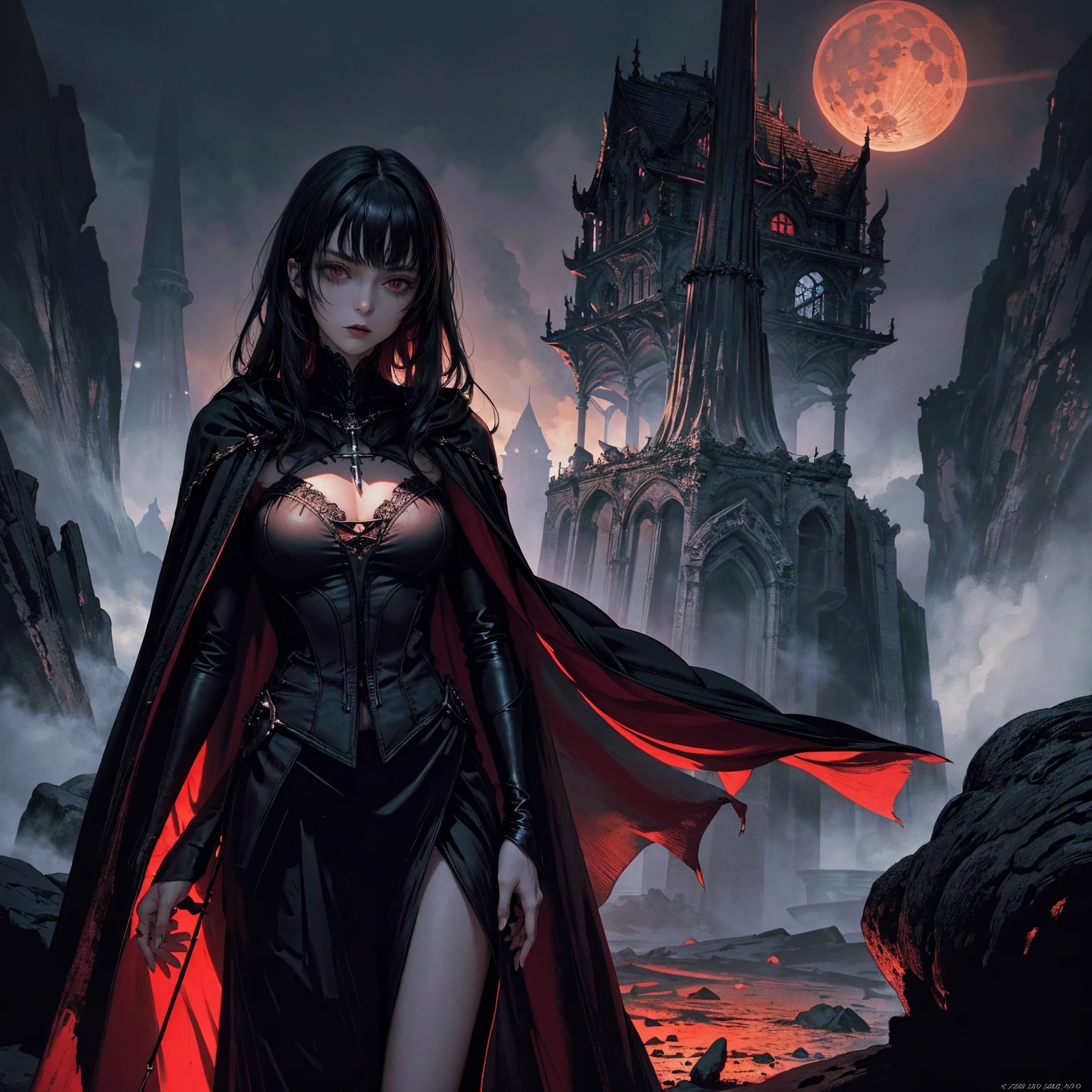best quality, 4k, high resolution, masterpiece:1.2, Very detailed, actual:1.37, Mood lighting, Girl in a long cape, Wearing a reflective latex skirt that shows a little skin above the chest, Dangerous sneer, Black Hair, Standing, Face facing the camera, Crucified, Pitch black sky, Blood-red moon, strange atmosphere, Gothic style, Unforgettable beauty, Dramatic shadows, Ethereal Light, Mysterious atmosphere.