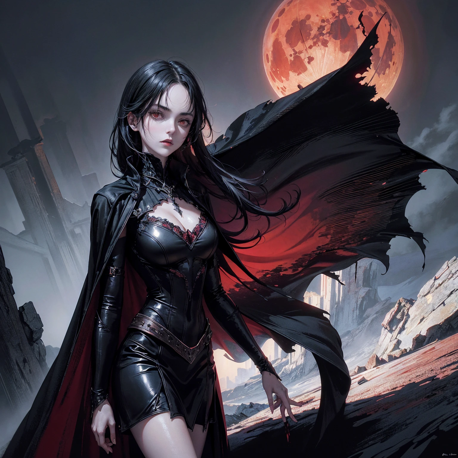 best quality, 4k, high resolution, masterpiece:1.2, Very detailed, actual:1.37, Mood lighting, Girl in a long cape, Wearing a reflective latex skirt that shows a little skin above the chest, Dangerous sneer, Black Hair, Standing, Face facing the camera, Crucified, Pitch black sky, Blood-red moon, strange atmosphere, Gothic style, Unforgettable beauty, Dramatic shadows, Ethereal Light, Mysterious atmosphere.