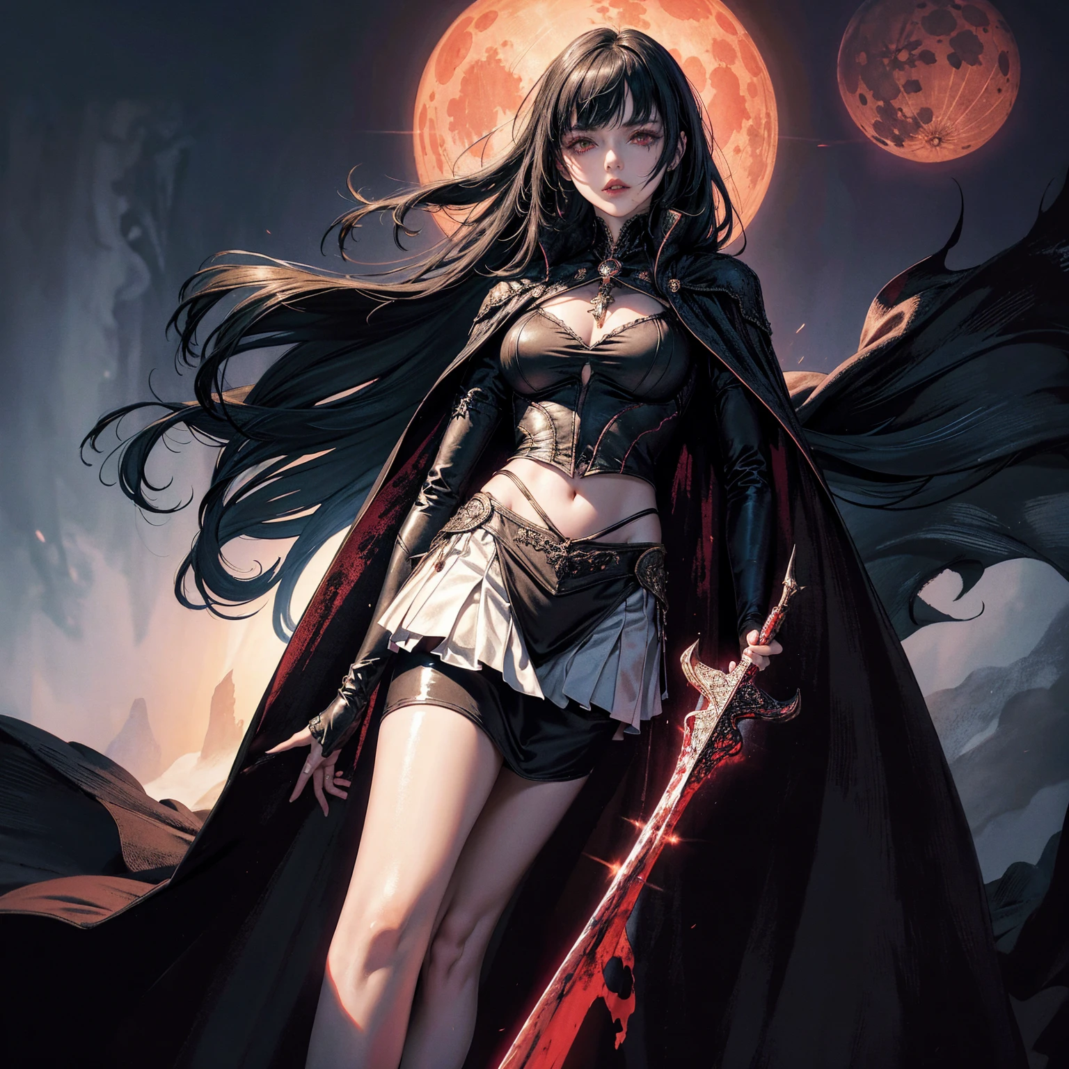 best quality, 4k, high resolution, masterpiece:1.2, Very detailed, actual:1.37, Mood lighting, Girl in a long cape, Wearing a reflective latex skirt that shows a little skin above the chest, Dangerous sneer, Black Hair, Standing, Face facing the camera, Crucified, Pitch black sky, Blood-red moon, strange atmosphere, Gothic style, Unforgettable beauty, Dramatic shadows, Ethereal Light, Mysterious atmosphere.