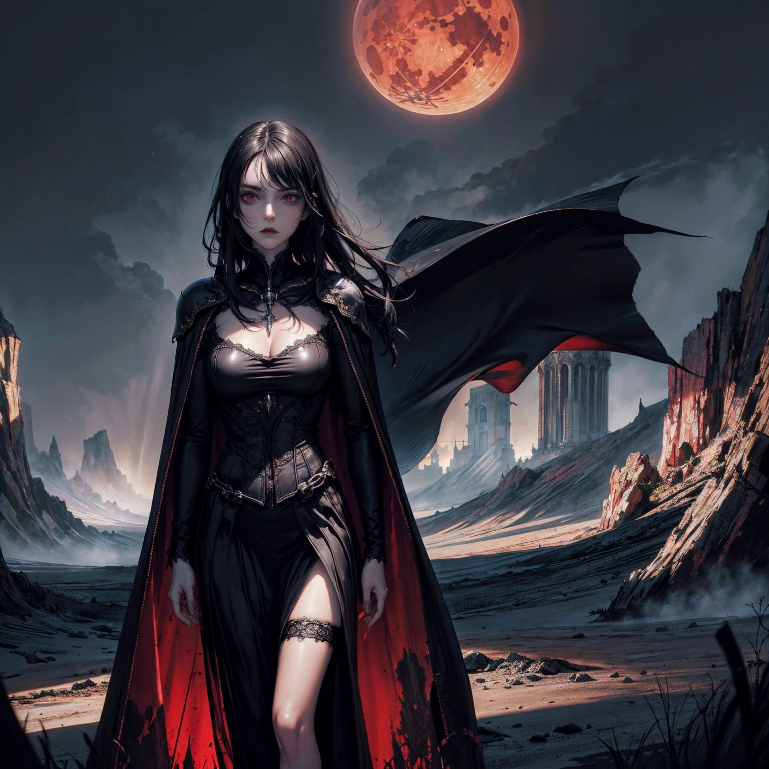 best quality, 4k, high resolution, masterpiece:1.2, Very detailed, actual:1.37, Mood lighting, Girl in a long cape, Wearing a reflective latex skirt that shows a little skin above the chest, Dangerous sneer, Black Hair, Standing, Face facing the camera, Crucified, Pitch black sky, Blood-red moon, strange atmosphere, Gothic style, Unforgettable beauty, Dramatic shadows, Ethereal Light, Mysterious atmosphere.