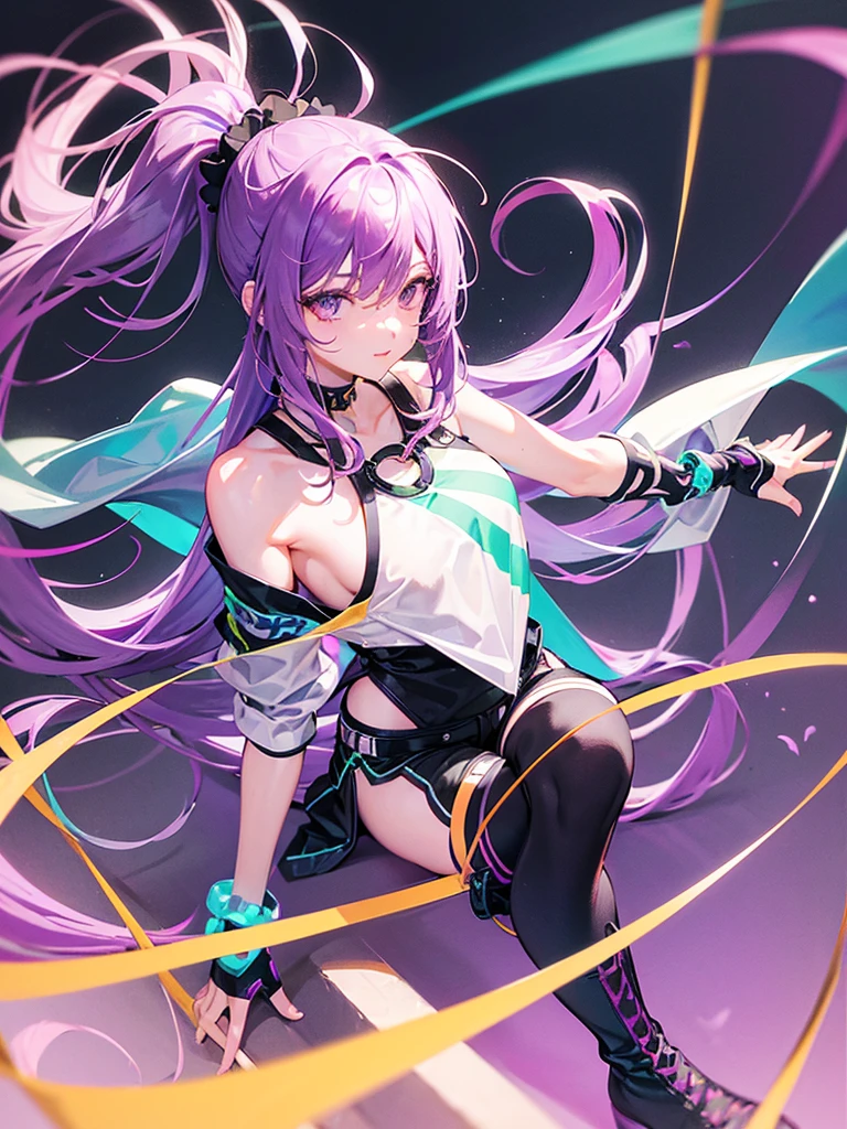 Martina,Purple eyes, Purple Hair, Very long hair, ponytail, Hair Scrunchie, Green choker, O-ring top, Tank top, No sleeve, West Cape, Black shorts, Green Zone, boots,fc portrait  