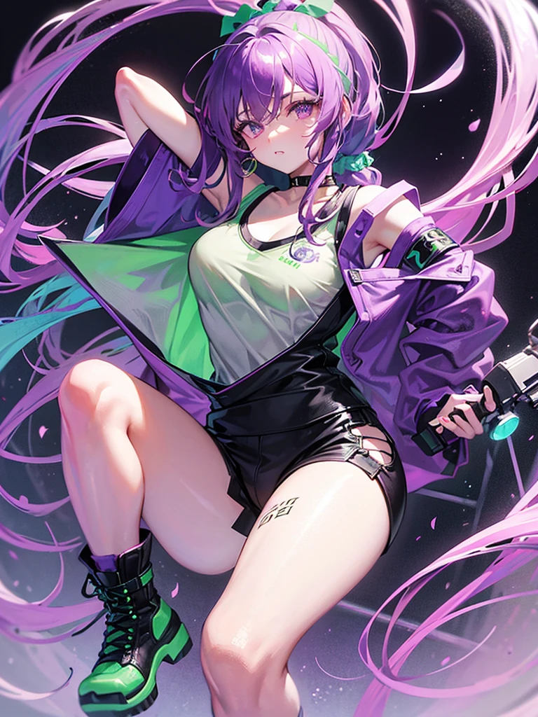 Martina,Purple eyes, Purple Hair, Very long hair, ponytail, Hair Scrunchie, Green choker, O-ring top, Tank top, No sleeve, West Cape, Black shorts, Green Zone, boots,fc portrait  