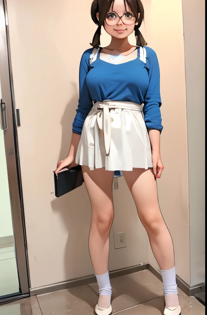 A Female mature robot loves herself. she wears nothing. Her Brown very short pigtails is tied with two big red clothespins, mature, android, blue eyes, full body, Height: 160cm, flushed cheeks, sweat bucket. full body shot, looking straight. Her smile is complete.show White pantie, Looking at the audience, 着ぐるみ