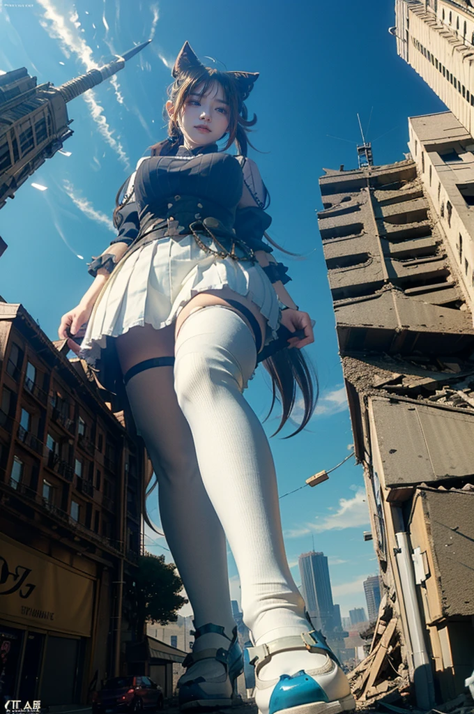 Fisheye Lens、looking at the camera、steampunk、Standing on top of a ruined building、Big building explosion、The building collapses、Urban hustle and bustle、Traffic jam、City of Rubble、street tree、Car and bus、truck、taxi、City boulevard、Pedestrian bridge、Streetcar route、((((Azur Lane Cheshire Cosplay))))、Frilled maid outfit、（(Super huge breasts)）、（(Plump thighs)）、Ground View，City of Giants,500 foot tall giant girl，skyscraper,Has super long legs,Step into the crowd，There are many people on the street,Knee-high socks，A happy look，Standing on the ruins，Beautiful appearance，Exquisite makeup，quality，8k，高quality，Perfect Proportions, Cinema Lighting，Film Grain，The Colors of Fuji，8k，Textured skin，Super Detail，High detail，high quality，High resolution，explode，False Smile、Reaching out