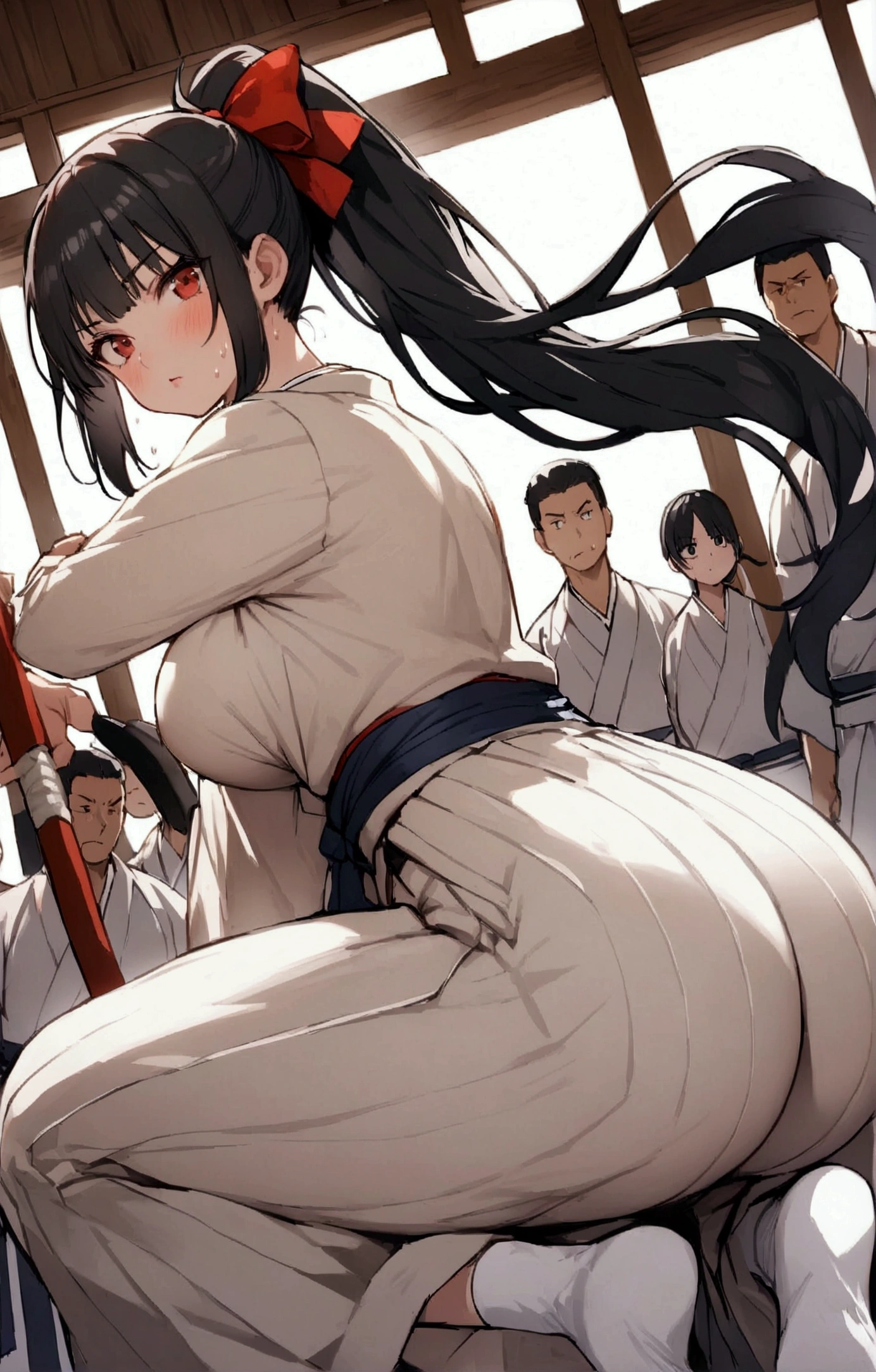 One woman、beautiful girl、high school girl、Hakama、ponytail、Big red ribbon、Long Hair、dojo、Holding a naginata、Naginata stance、A packed audience、Highest quality, Thick thighs、Big Ass、Black Hair、Sweaty body、Rin々A funny expression、Serious face、Angle from directly below、tabi、Naginata swinging pose